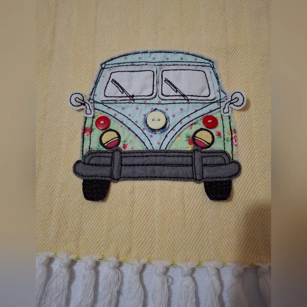 Retro Hippie VW Bus Camper Van Yellow Fringe Hand Towel Handmade